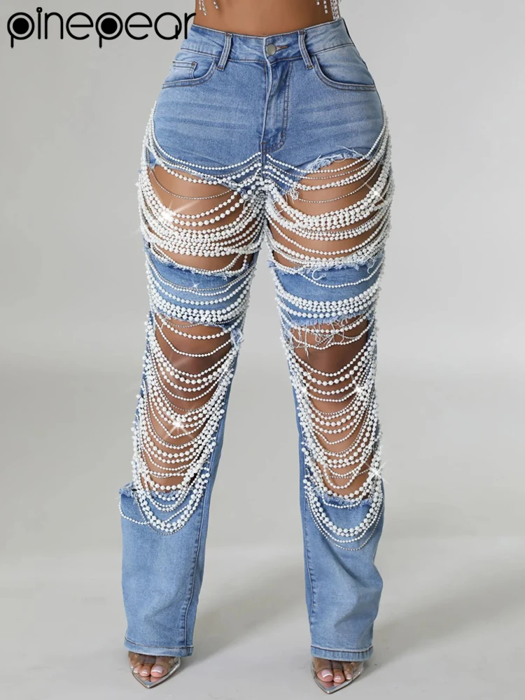 PinePear 2025 Womens Sexy Ripped Jeans High Waisted Rhinestones Pearl Chains Distressed Baggy Jeans Party Clubwear Denim Pants
PinePear 2025 Womens Sexy Ripped Jeans High Waisted Rhinestones Pearl Chains Distressed Baggy Jeans Party Clubwear Denim Pants