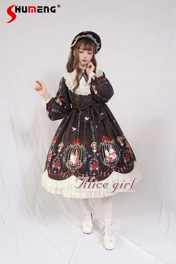 Japanese Style Elegant Sweet Lolita Dresses Stand Collar Long Sleeve High Waist Lace-up Bow Lace Patchwork Print OP Dress Women
Japanese Style Elegant Sweet Lolita Dresses Stand Collar Long Sleeve High Waist Lace-up Bow Lace Patchwork Print OP Dress Women