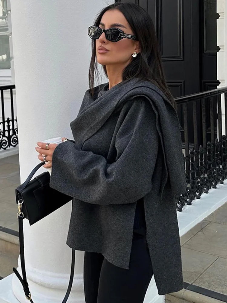 Women Coat with Scarf Gray Fashion Knitted Overcoat Female Autumn Winter Short Cape Cardigan Ladies Elegant Chic Loose Outerwear
Women Coat with Scarf Gray Fashion Knitted Overcoat Female Autumn Winter Short Cape Cardigan Ladies Elegant Chic Loose Outerwear