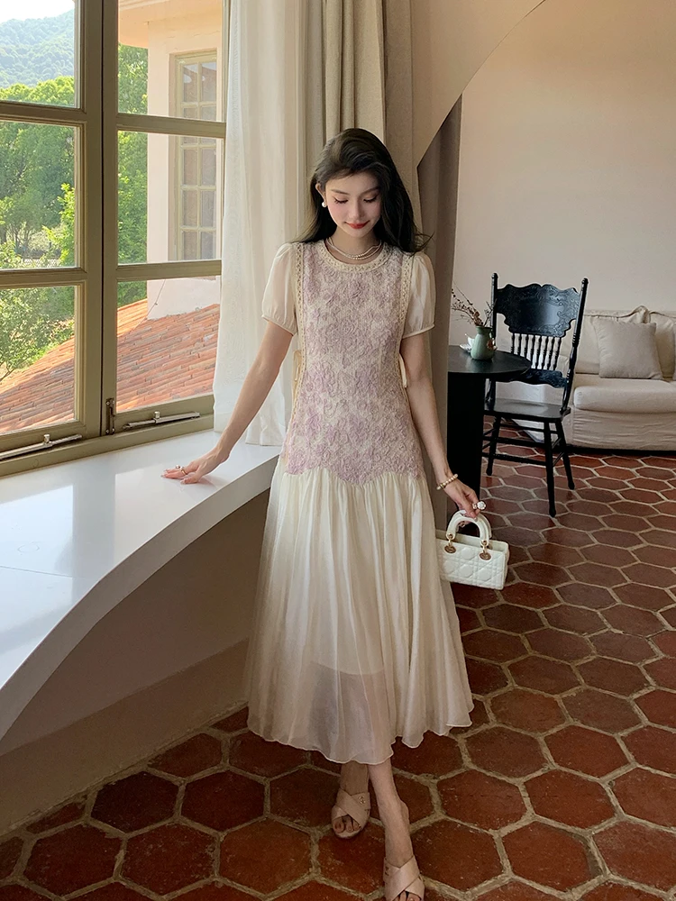 Elegant Pink Purple Embroidery Apricot Color Summer Dress Women's High Waist A-Line Skirt Short Sleeve Beach Vacation Dress
Elegant Pink Purple Embroidery Apricot Color Summer Dress Women's High Waist A-Line Skirt Short Sleeve Beach Vacation Dress