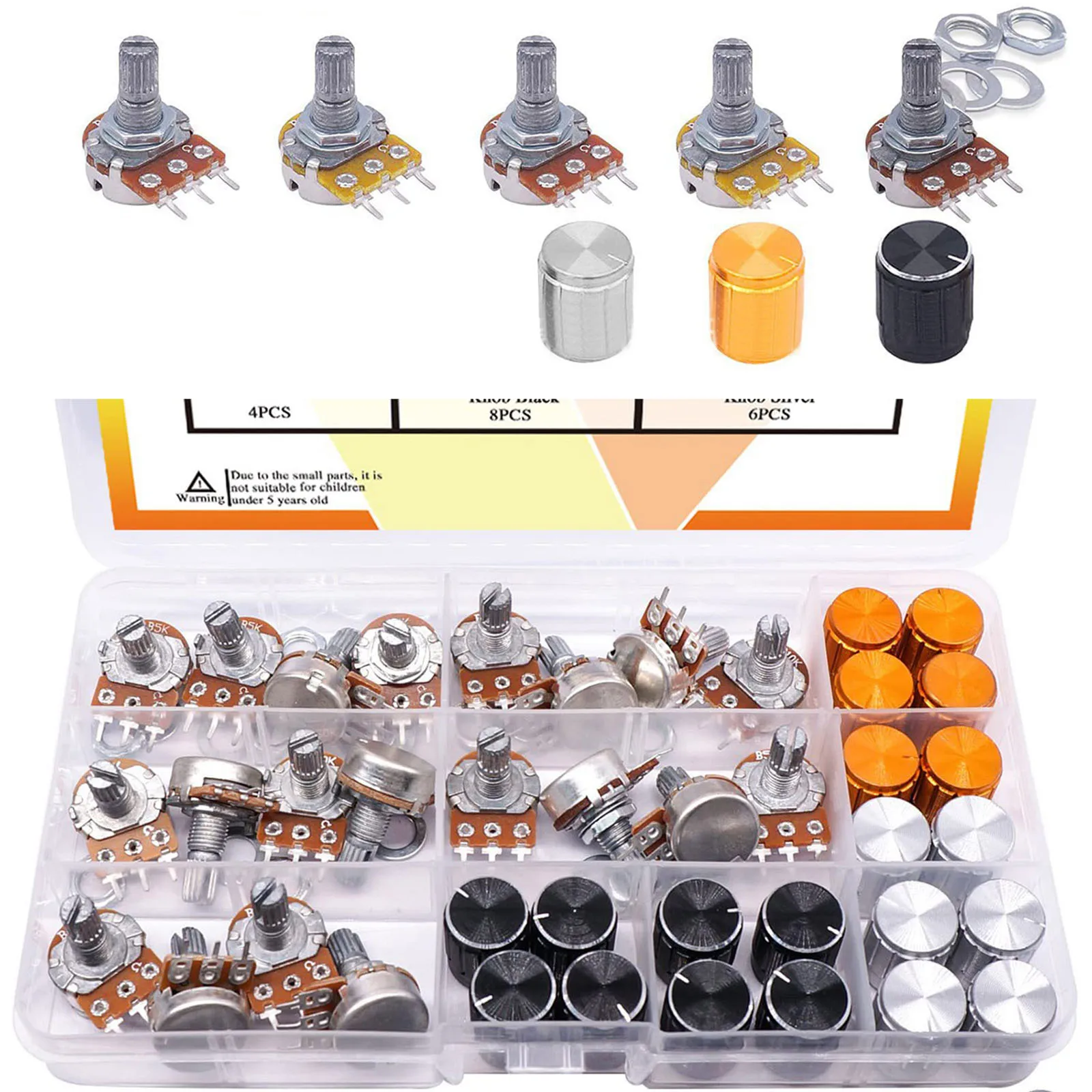 40PCS Potentiometer Kit B5K B10K B20K B50K B100K Ohm Linear Taper Rotary Pot with Aluminum Alloy Knob for Audio Volume Control
40PCS Potentiometer Kit B5K B10K B20K B50K B100K Ohm Linear Taper Rotary Pot with Aluminum Alloy Knob for Audio Volume Control