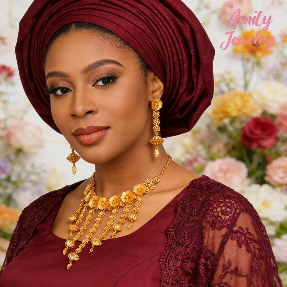 African Lady Jewelry Flower Drop Earring Necklace Luxury Set Earring Gold Color Necklace Set Dubai Jewelry Wedding Party Gift
African Lady Jewelry Flower Drop Earring Necklace Luxury Set Earring Gold Color Necklace Set Dubai Jewelry Wedding Party Gift