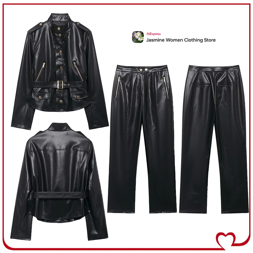 Autumn Black Faux Leather Pant Sets for Women Matching Set Faux Leather High Neck Belted Jacket and Flare Pants with Zip Pockets
Autumn Black Faux Leather Pant Sets for Women Matching Set Faux Leather High Neck Belted Jacket and Flare Pants with Zip Pockets