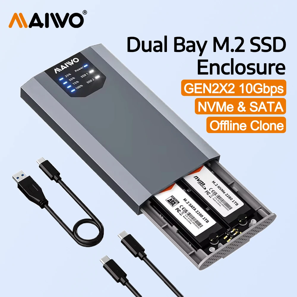 MAIWO Dual-Bay M.2 SSD Enclosure Cloner for NVMe & SATA USB3.2 GEN2X2 10Gbps M.2 Duplicator Supports Bidirectional Offline Clone
MAIWO Dual-Bay M.2 SSD Enclosure Cloner for NVMe & SATA USB3.2 GEN2X2 10Gbps M.2 Duplicator Supports Bidirectional Offline Clone