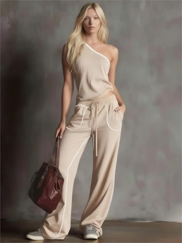 New Summer Women's Casual Straight Wide-leg Pants + Slanted Shoulder Short Fashion Top Two-piece Set Woman Fashion Sporty Suit
New Summer Women's Casual Straight Wide-leg Pants + Slanted Shoulder Short Fashion Top Two-piece Set Woman Fashion Sporty Suit