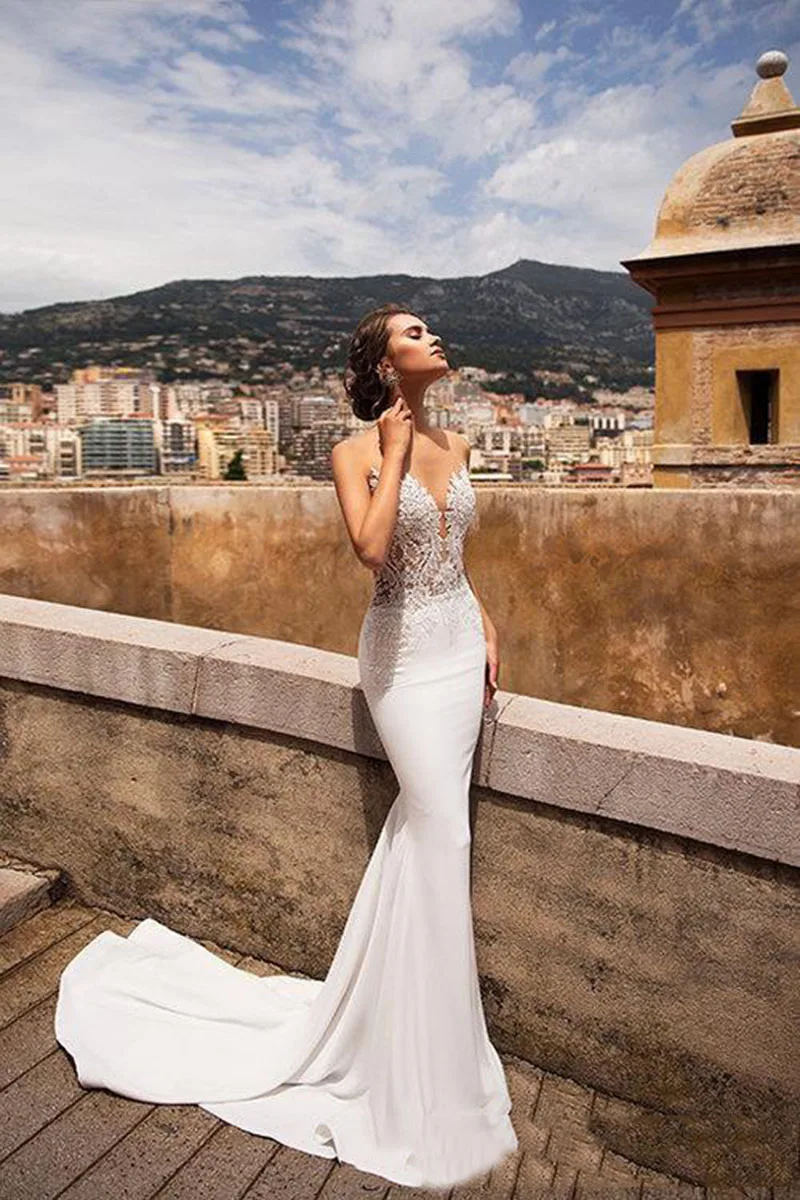 Sexy Mermaid Wedding Dresses For Women V Neck Lace Appliqued Backless Beach Wedding Bridal Gowns vestidos de novia
Sexy Mermaid Wedding Dresses For Women V Neck Lace Appliqued Backless Beach Wedding Bridal Gowns vestidos de novia