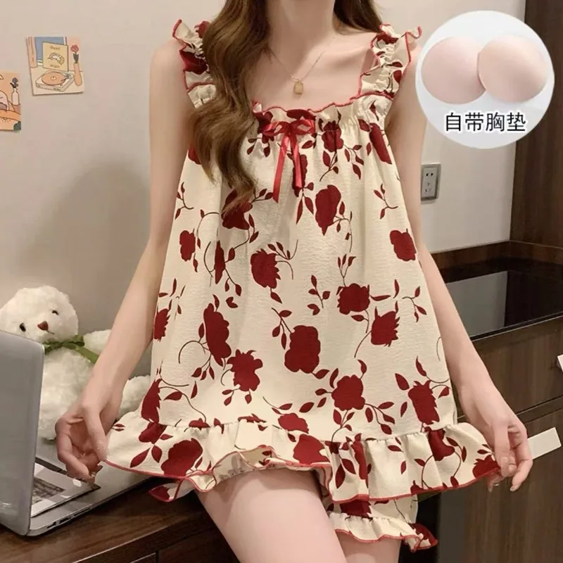 Summer Sweet Pajamas for Women Pajama Sets with Pads Sleeveless Home Set Sleepwear Soft Cute Girls Camisole Shorts Thin Outwear
Summer Sweet Pajamas for Women Pajama Sets with Pads Sleeveless Home Set Sleepwear Soft Cute Girls Camisole Shorts Thin Outwear