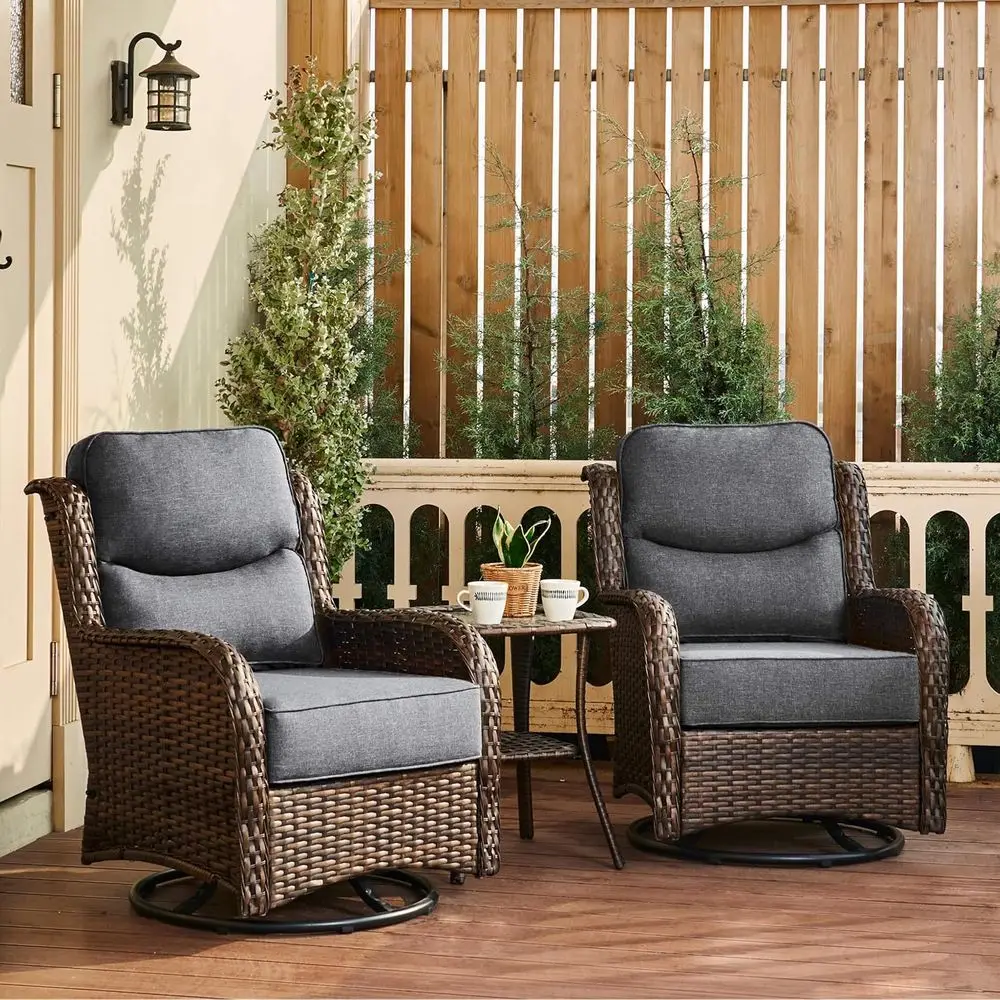 High-Back Wicker Patio Furniture Set with Swivel Rocker Chairs, 6 Cushions, and Side Table in Grey
High-Back Wicker Patio Furniture Set with Swivel Rocker Chairs, 6 Cushions, and Side Table in Grey