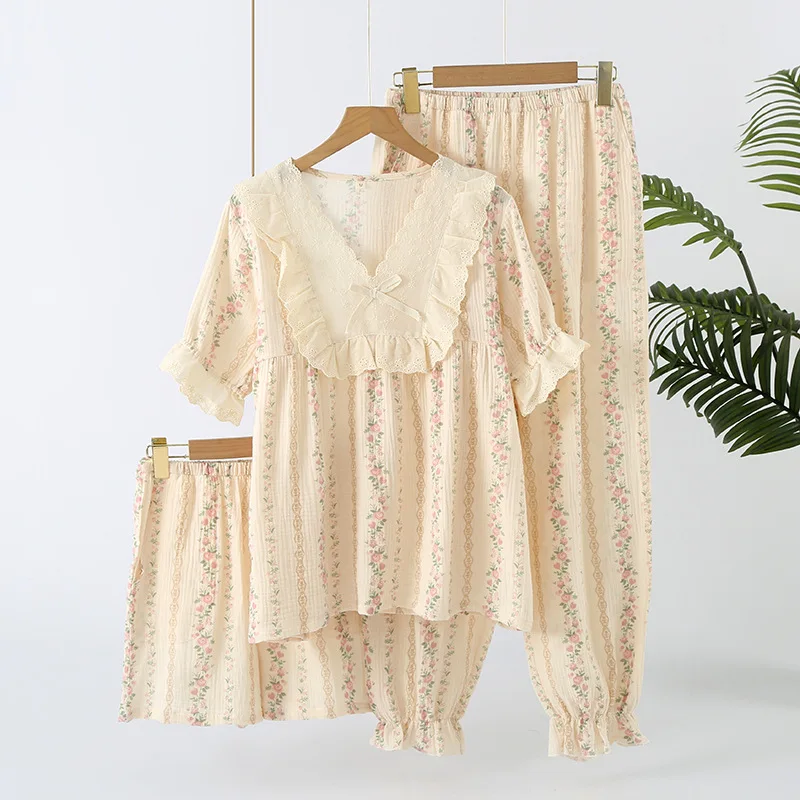 Lace Patchwork 3PCS Pajamas Cotton Summer Women's Thin Loose Autumn Can Be Worn Outside Short-sleeved Trousers Loungewear Set
Lace Patchwork 3PCS Pajamas Cotton Summer Women's Thin Loose Autumn Can Be Worn Outside Short-sleeved Trousers Loungewear Set