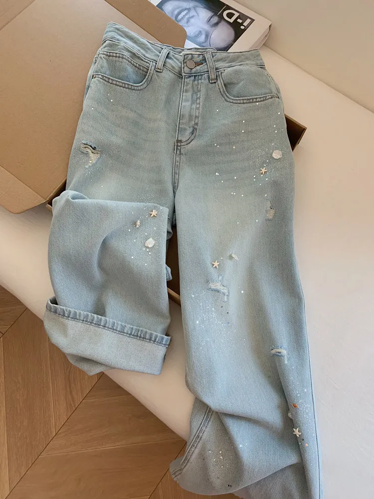 Retro American Blue Star Rhinestone Wide Leg Jeans Women Summer Thin High Waist Tear Design Sense Straight Tube Pants
Retro American Blue Star Rhinestone Wide Leg Jeans Women Summer Thin High Waist Tear Design Sense Straight Tube Pants