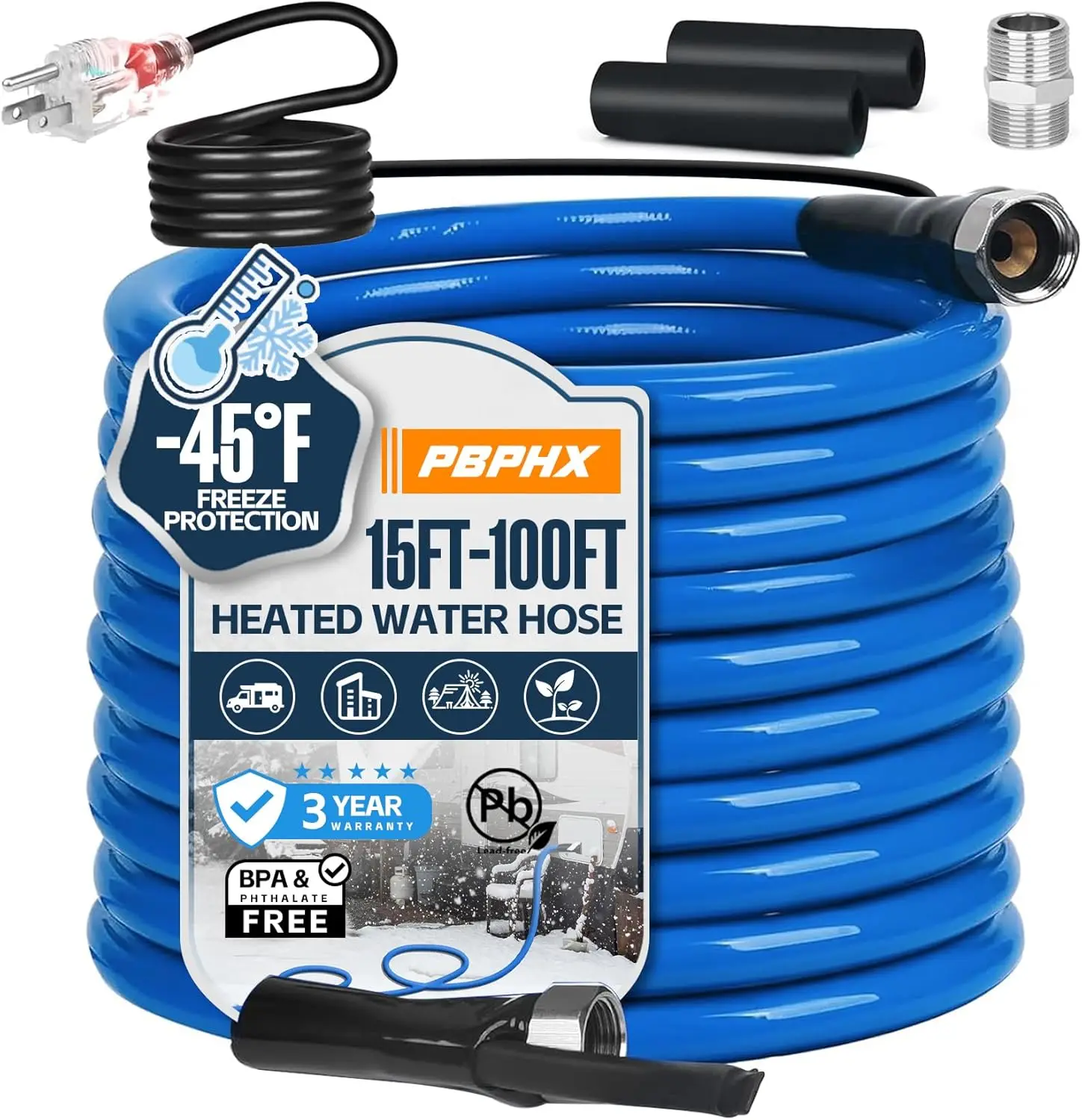 15FT Heated Water Hose for RV, Drinking Water Safe, Self-Regulating Thermostat, -40°F, 1/2" ID
15FT Heated Water Hose for RV, Drinking Water Safe, Self-Regulating Thermostat, -40°F, 1/2" ID