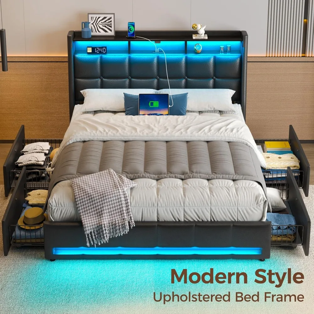 Queen Size Bed Frame with LED Lights and Charging Station, PU Leather Bed Storage Headboard & Drawers, Heavy Duty Wood Slats
Queen Size Bed Frame with LED Lights and Charging Station, PU Leather Bed Storage Headboard & Drawers, Heavy Duty Wood Slats