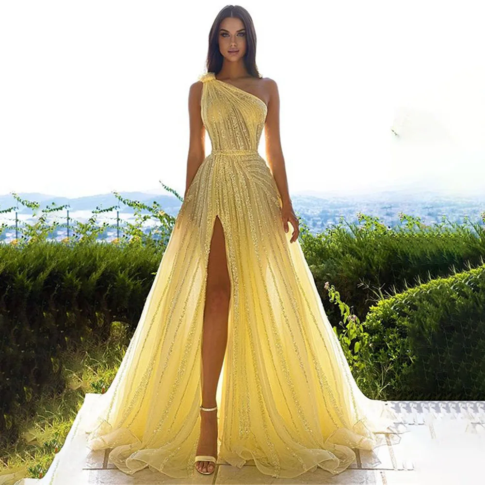 Luxury Beaded Prom Dresses 2025 Yellow One Shoulder Wedding Dress Customized Sleeveless Sexy Side High Split Vestidos De Fiesta
Luxury Beaded Prom Dresses 2025 Yellow One Shoulder Wedding Dress Customized Sleeveless Sexy Side High Split Vestidos De Fiesta