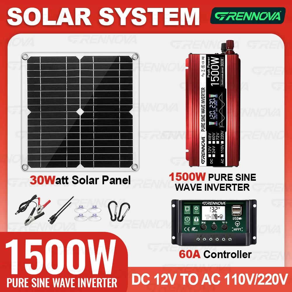 30W Solar Panel Kit with Pure Sine Wave Inverter 1500W Peak (800W Continuous) 60A Controller for 12V To 110/220V Home Camping
30W Solar Panel Kit with Pure Sine Wave Inverter 1500W Peak (800W Continuous) 60A Controller for 12V To 110/220V Home Camping