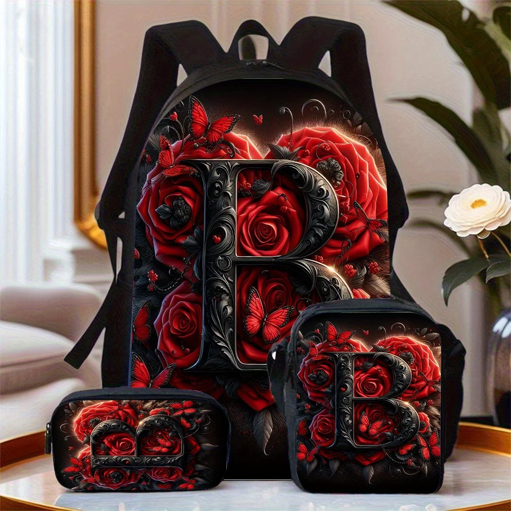 3pcs Gothic Letter B Floral Backpack Set with Matching Lunch Bag & Accessory Pouch - Red Rose & Black Design, Adjustable Straps,
3pcs Gothic Letter B Floral Backpack Set with Matching Lunch Bag & Accessory Pouch - Red Rose & Black Design, Adjustable Straps,