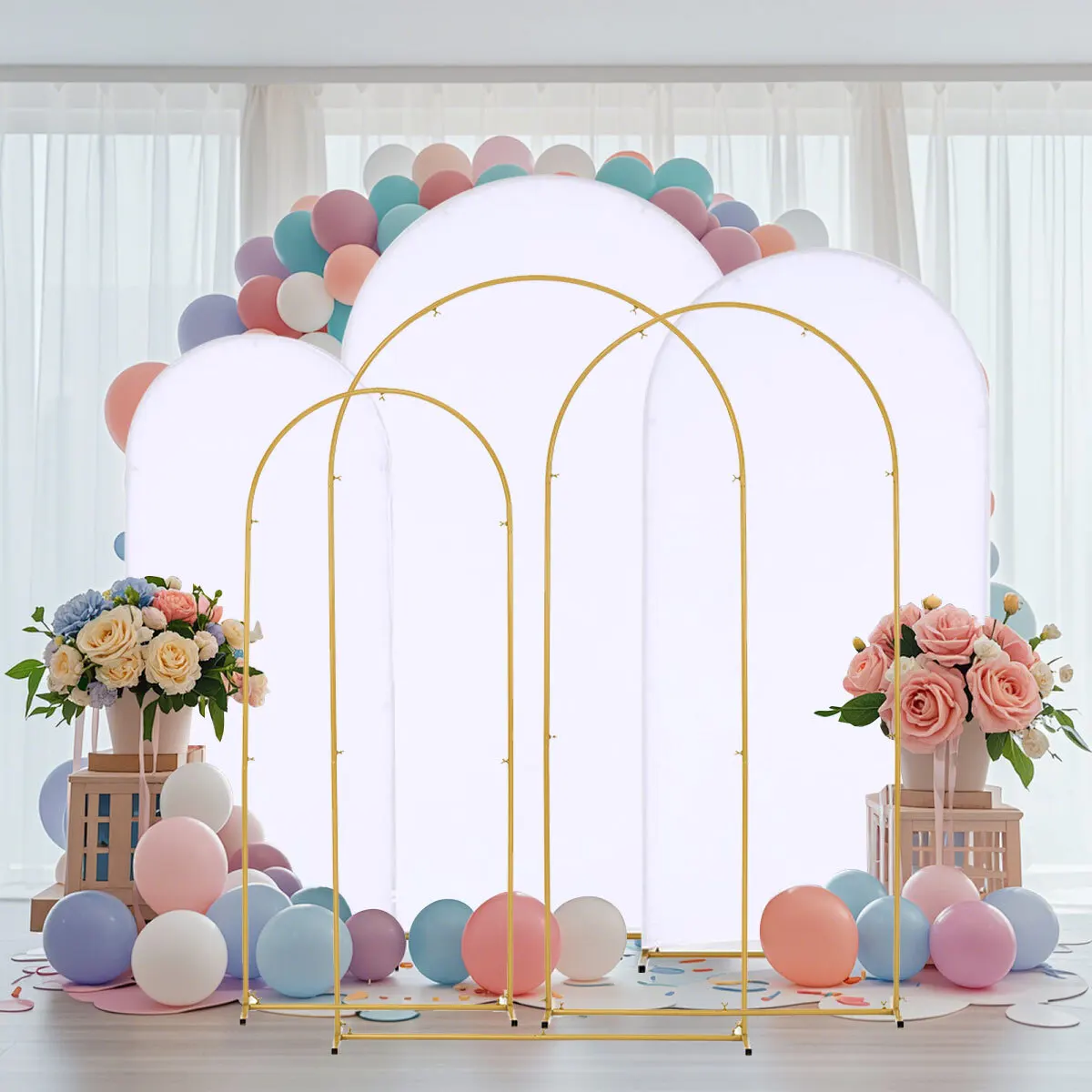 Металлическая арка золотого цвета с белыми чехлами из спандекса, стойка-арка для свадебного декора, фон для вечеринок, дней рождения, украшения помещений
Металлическая арка золотого цвета с белыми чехлами из спандекса, стойка-арка для свадебного декора, фон для вечеринок, дней рождения, украшения помещений