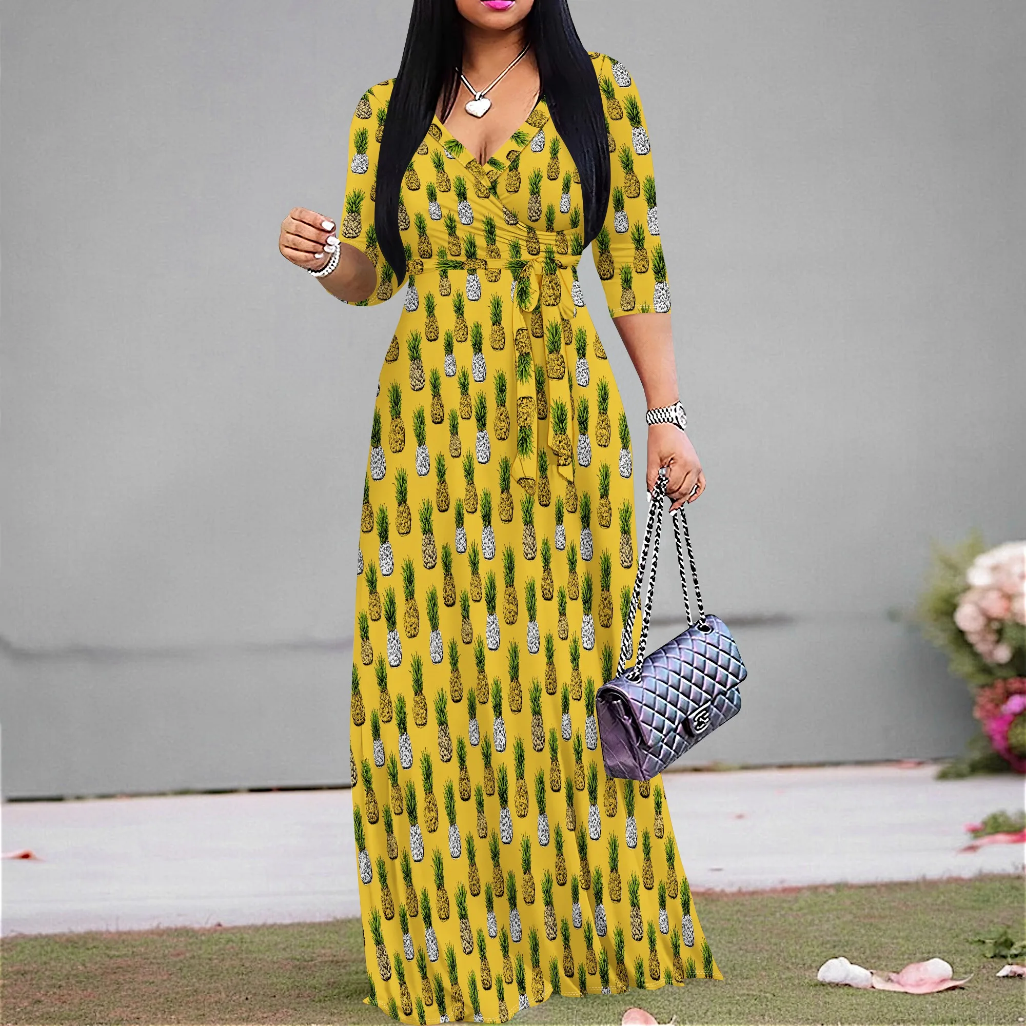 Pineapple Print Maxi Dress for Women Plus Size S-2XL V-Neck Tie Waist Summer Beach or Vacation Outfit 2025
Pineapple Print Maxi Dress for Women Plus Size S-2XL V-Neck Tie Waist Summer Beach or Vacation Outfit 2025