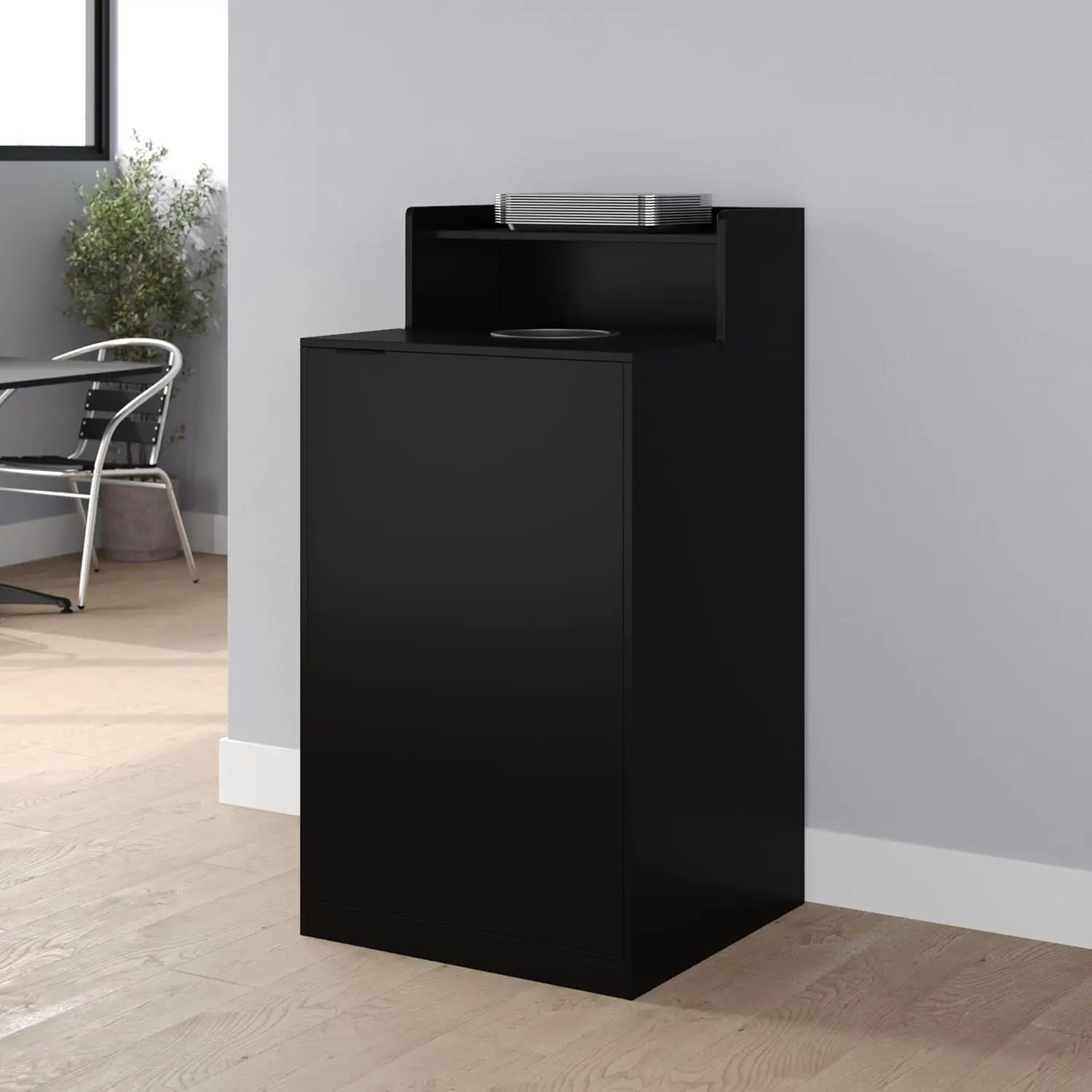 Grade Trash Receptacle Enclosure for 32 Gallon Trash Cans with 8" Drop Hole and Upper Tray Shelf in Black
Grade Trash Receptacle Enclosure for 32 Gallon Trash Cans with 8" Drop Hole and Upper Tray Shelf in Black