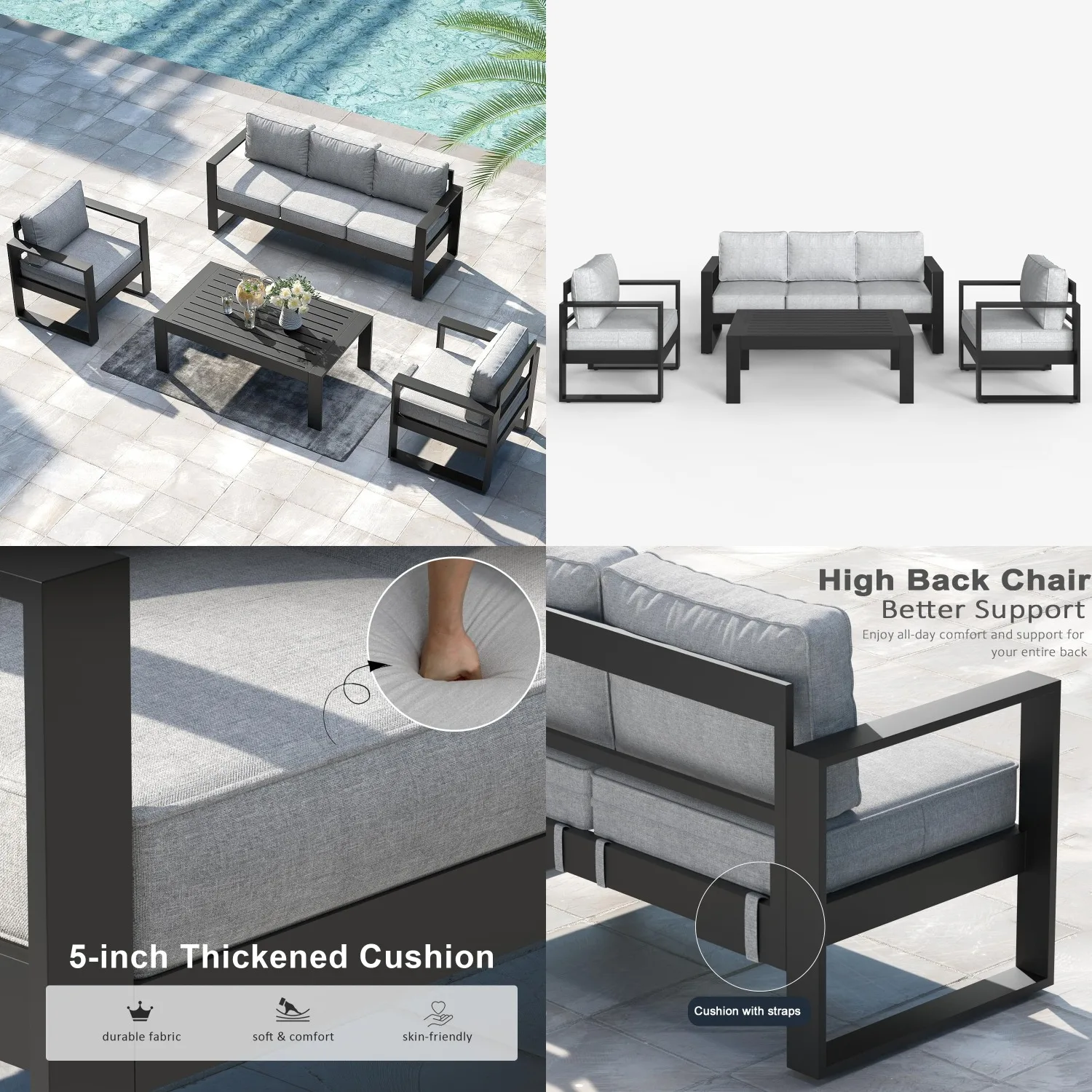 4 Piece Aluminum Outdoor Patio Furniture Set with Coffee Table & Washable Thick Cushions for Porch Backyard Deck, Customized
4 Piece Aluminum Outdoor Patio Furniture Set with Coffee Table & Washable Thick Cushions for Porch Backyard Deck, Customized