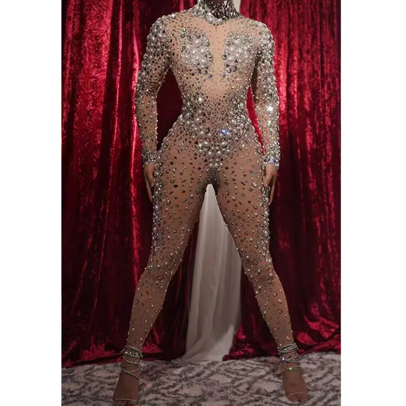 Big Pearl Rhinestone Mesh Skinny Transparent Jumpsuit Stage Wear Women Birthday Celebrate Party Bodysuit Crystal Leotard Costume
Big Pearl Rhinestone Mesh Skinny Transparent Jumpsuit Stage Wear Women Birthday Celebrate Party Bodysuit Crystal Leotard Costume
