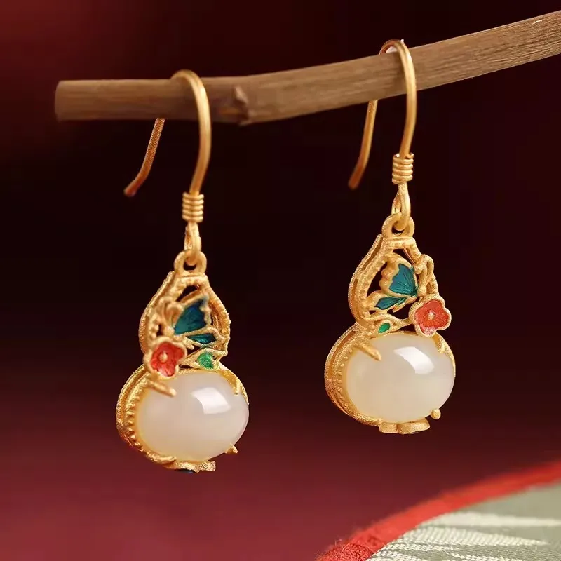 Natural Hetian White Jade Gourd Earrings 925 Sterling Silver Vintage Enamel Earrings
Natural Hetian White Jade Gourd Earrings 925 Sterling Silver Vintage Enamel Earrings