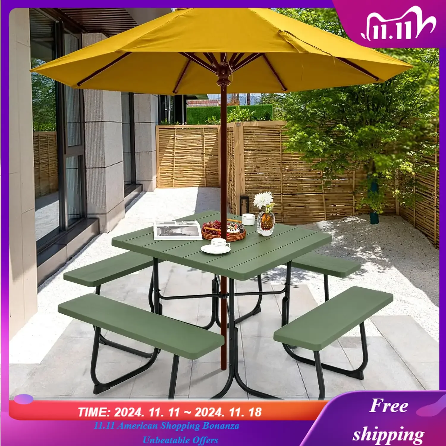Picnic Table, Outdoor Square Picnic Table with 4 Built-in Benches, Umbrella Hole, Metal Frame Tabletop,
Picnic Table, Outdoor Square Picnic Table with 4 Built-in Benches, Umbrella Hole, Metal Frame Tabletop,