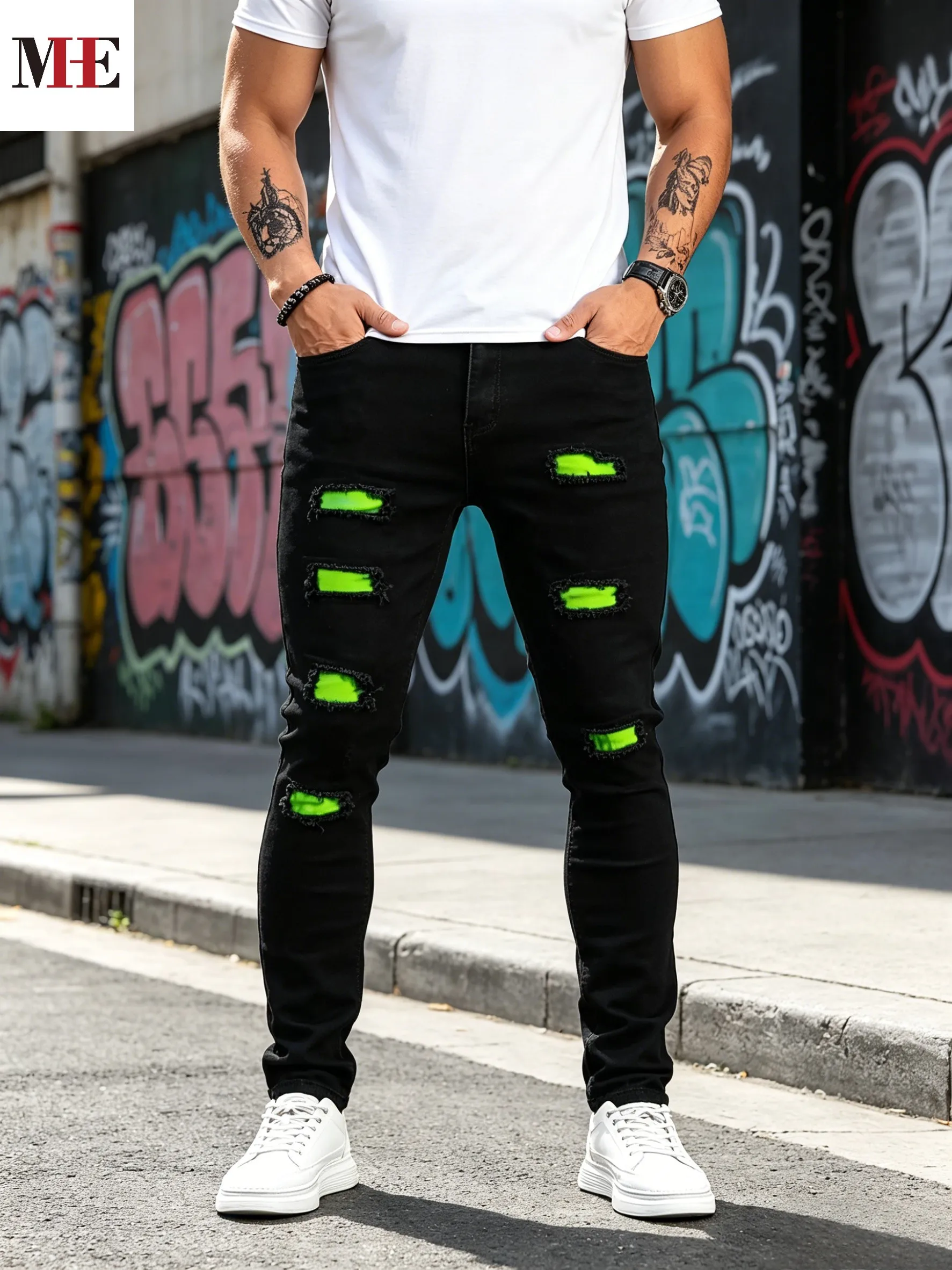 【HME】Men's jeans | Solid black slim skinny denim pants featuring multi frayed ripped cuts with striking fluorescent green inner patchwork, fade-resistant stretch premium denim fabric, exquisite raw-edge craftwork, eye-catching street-styled men's distinct
【HME】Men's jeans | Solid black slim skinny denim pants featuring multi frayed ripped cuts with striking fluorescent green inner patchwork, fade-resistant stretch premium denim fabric, exquisite raw-edge craftwork, eye-catching street-styled men's distinct