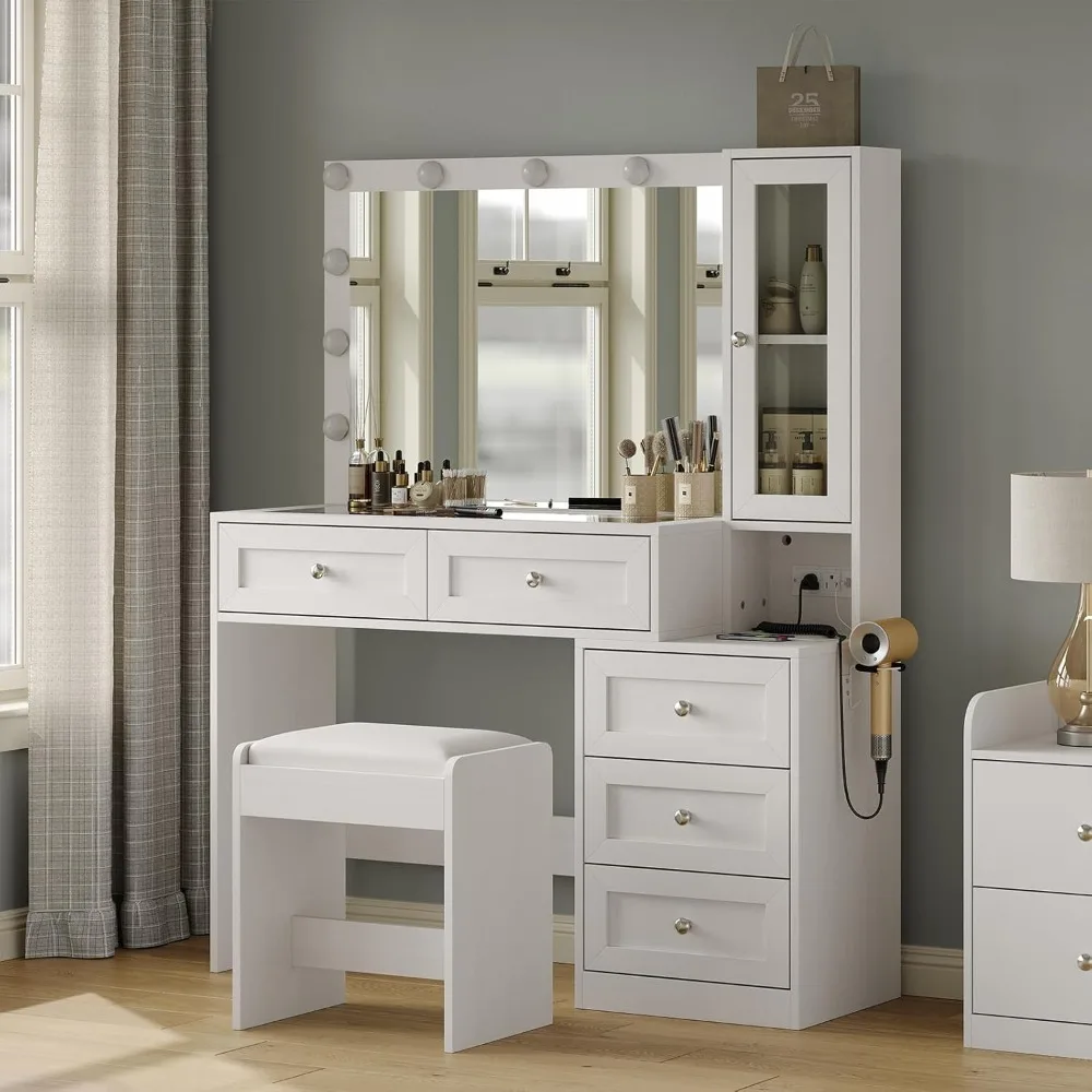 43" W Vanity Desk with Mirror & 11 Lights, 5 Drawer Modern Makeup Desk with Glass top & Cushioned Stool, 3 Lighting Modes Bright
43" W Vanity Desk with Mirror & 11 Lights, 5 Drawer Modern Makeup Desk with Glass top & Cushioned Stool, 3 Lighting Modes Bright