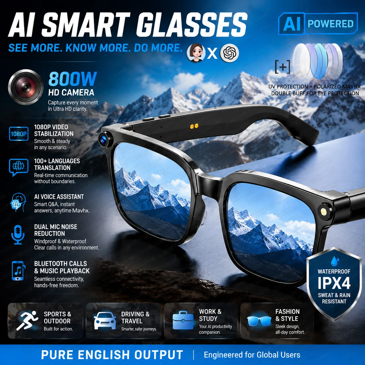 Smart Glasses with Camera 8MP HD Photo and Video Recording AI Glasses with Real-Time Translation AI Voice Q&A Calls and Music
Smart Glasses with Camera 8MP HD Photo and Video Recording AI Glasses with Real-Time Translation AI Voice Q&A Calls and Music