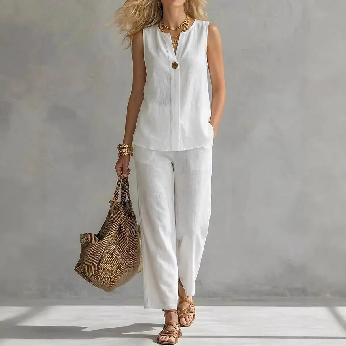 2 Pieces Set For Woman T Shirt Sleeveless V Neck Solid Color Tee Summer Casual Linen Blend Top Loose Fit Wide Leg Pants Tank Top
2 Pieces Set For Woman T Shirt Sleeveless V Neck Solid Color Tee Summer Casual Linen Blend Top Loose Fit Wide Leg Pants Tank Top