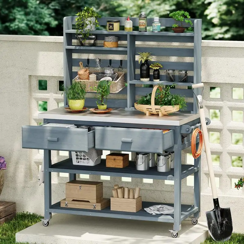 Outdoor Potting Bench Table 64.9"H with Lockable Wheels, Solid Wood Kitchen Island with Upper Hutch, Stainless Steel Top, Towel
Outdoor Potting Bench Table 64.9"H with Lockable Wheels, Solid Wood Kitchen Island with Upper Hutch, Stainless Steel Top, Towel