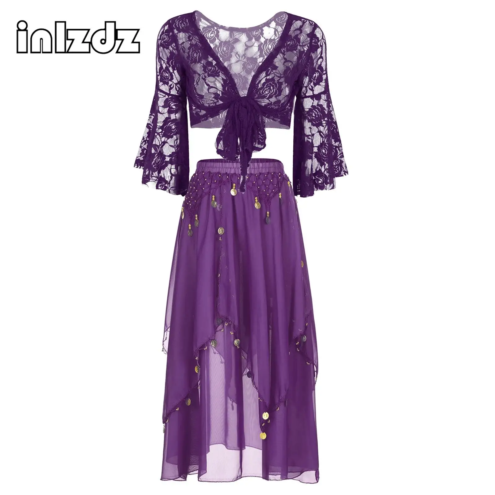 Womens Belly Dance Performance Costume Long Flare Sleeve Lace Shrug Top Cover Up Cardigan with Irregular Chiffon Skirt
Womens Belly Dance Performance Costume Long Flare Sleeve Lace Shrug Top Cover Up Cardigan with Irregular Chiffon Skirt