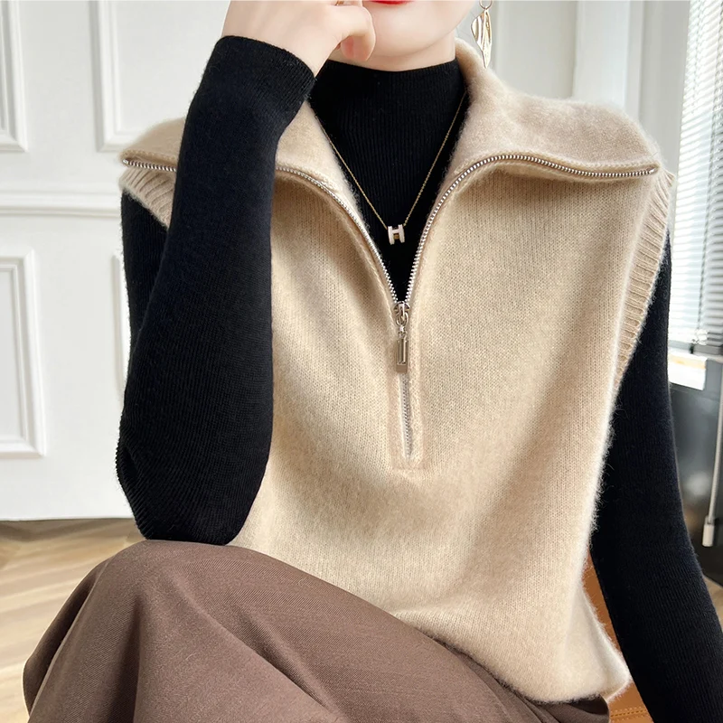 Women 100% Merino Wool Turn-Down Collar Half Zipper Knit Vest Sweater Sleeveless Soft Pullover Cashmere Gentle Clothing Top
Women 100% Merino Wool Turn-Down Collar Half Zipper Knit Vest Sweater Sleeveless Soft Pullover Cashmere Gentle Clothing Top