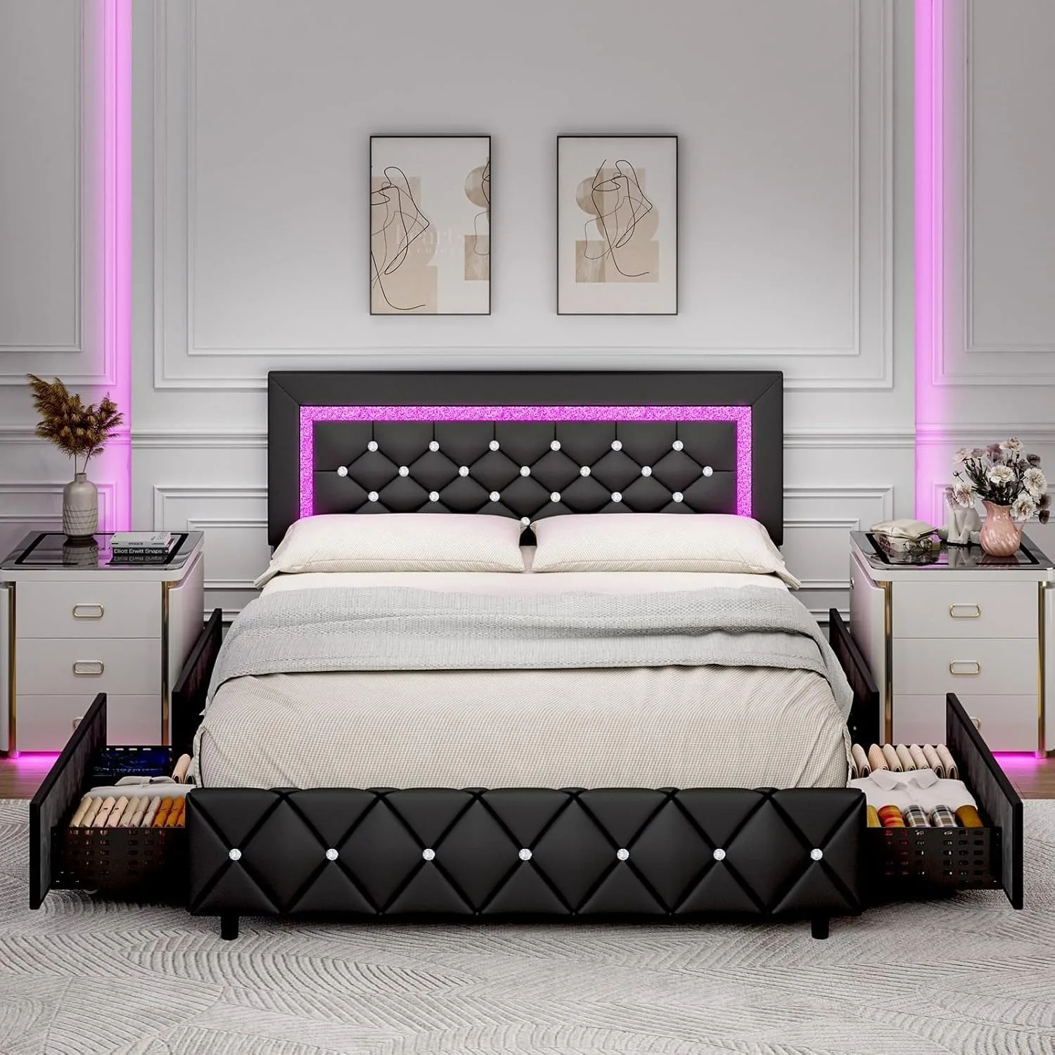 Queen Bed Frame with LED Lights, Upholstered Bed Frame with Storage Drawers, Modern Platform Bed Black
Queen Bed Frame with LED Lights, Upholstered Bed Frame with Storage Drawers, Modern Platform Bed Black
