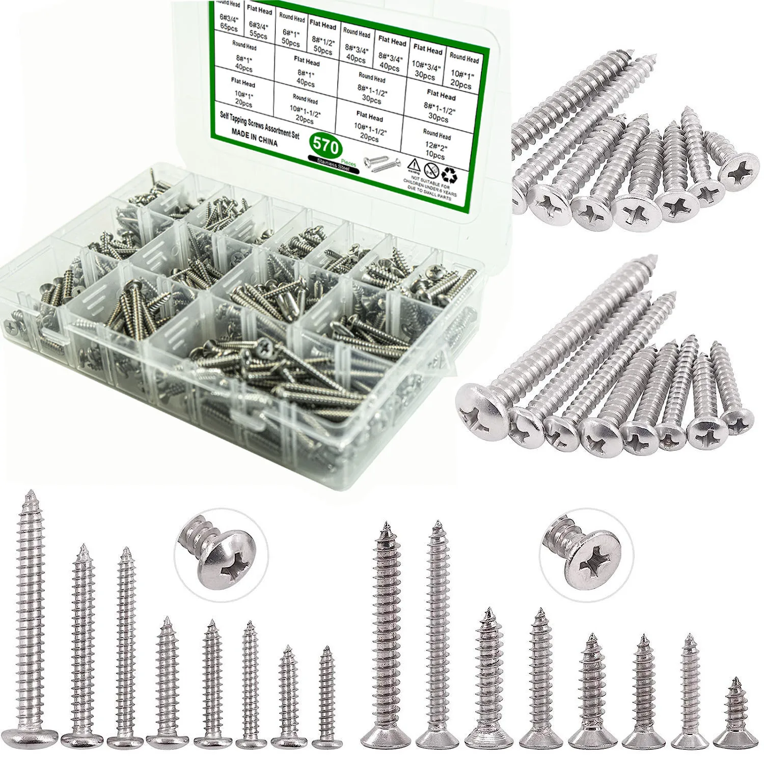 570Pc Self Tapping Screw set, countersunk Phillips Flat & pan Head Wood Screw Assortment Kit 304 stainless steel for woodworking
570Pc Self Tapping Screw set, countersunk Phillips Flat & pan Head Wood Screw Assortment Kit 304 stainless steel for woodworking