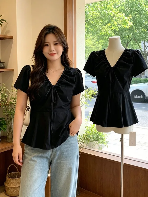 plus Size Korean Style Black Short Sleeve Shirt Women's 2026 New Summer Slimming Midi Top Shoulder Fit Waist Inward
plus Size Korean Style Black Short Sleeve Shirt Women's 2026 New Summer Slimming Midi Top Shoulder Fit Waist Inward