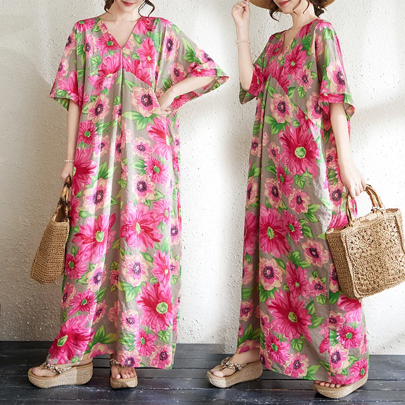 Loose Fit Slimming Cotton Linen Print Summer Dress V-Neck Short Sleeve Women's Citywalk Artistic Style Long Dress
Loose Fit Slimming Cotton Linen Print Summer Dress V-Neck Short Sleeve Women's Citywalk Artistic Style Long Dress