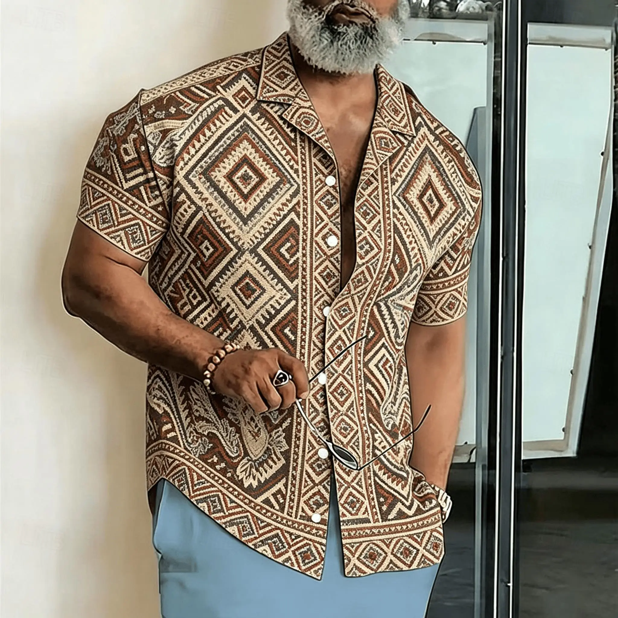 Men's Boho Tribal Geometric Print Short Sleeve Shirt, Vintage Aztec Ethnic Pattern Casual Button Down for Spring & Summer
Men's Boho Tribal Geometric Print Short Sleeve Shirt, Vintage Aztec Ethnic Pattern Casual Button Down for Spring & Summer