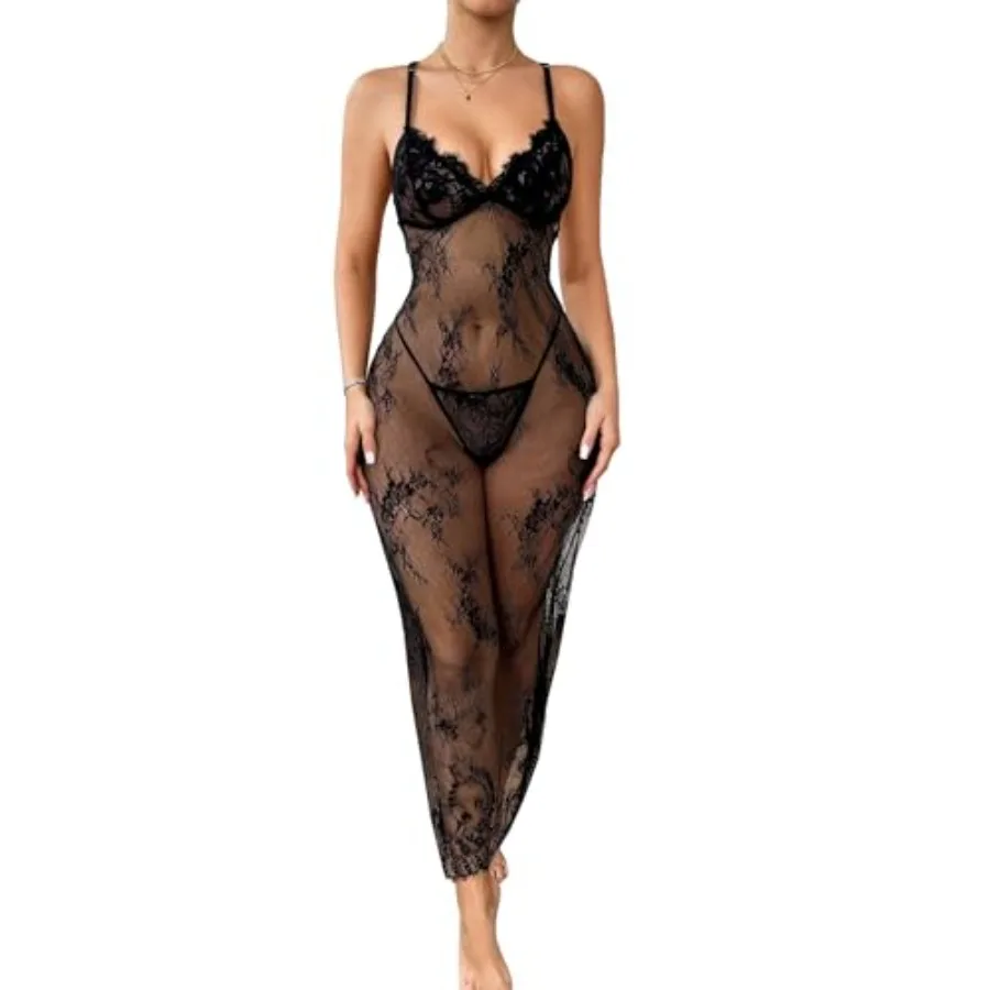 Hilinker Women's Sheer Lace Lingerie Dress Sexy Long See Through Mesh Chemise Nightgown with Thong
Hilinker Women's Sheer Lace Lingerie Dress Sexy Long See Through Mesh Chemise Nightgown with Thong