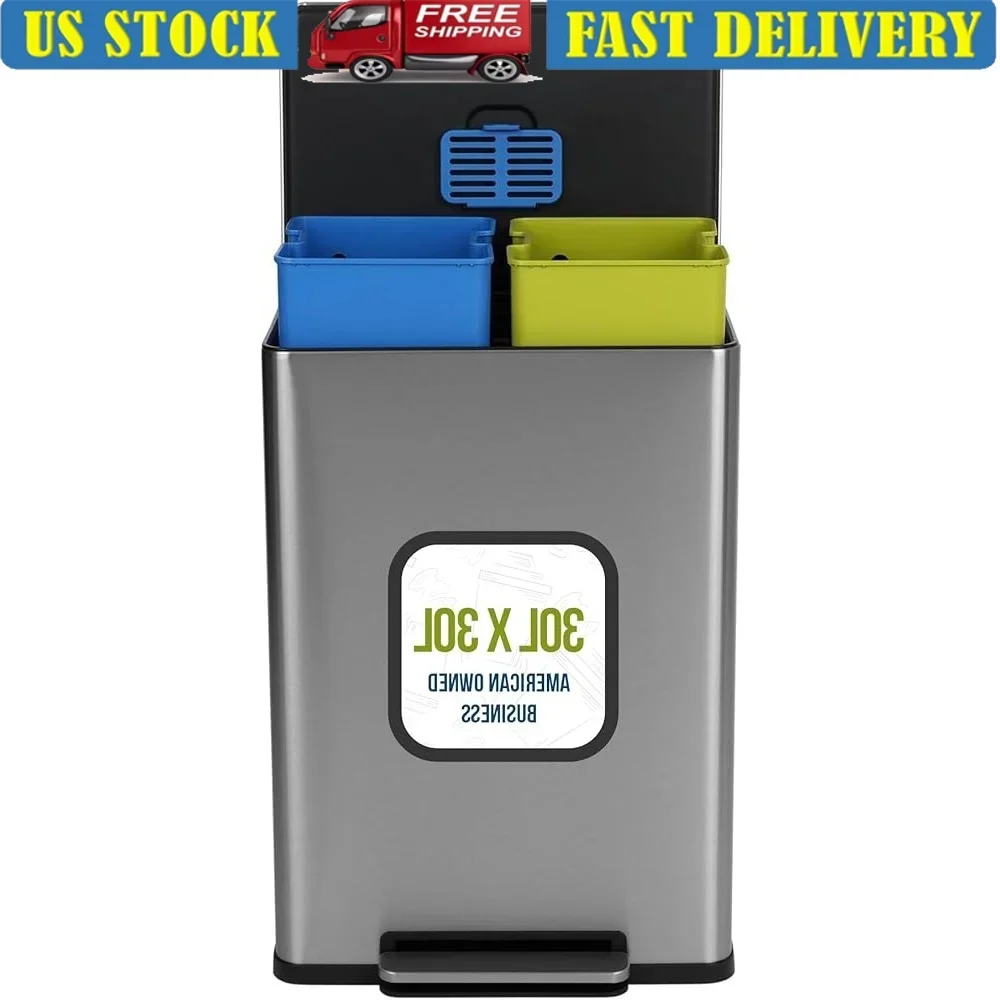 Hands-Free Dual Compartment Recycling Kitchen Trash Can Stainless Steel Step Bin with Slow Close Lid Odor Control Filter
Hands-Free Dual Compartment Recycling Kitchen Trash Can Stainless Steel Step Bin with Slow Close Lid Odor Control Filter