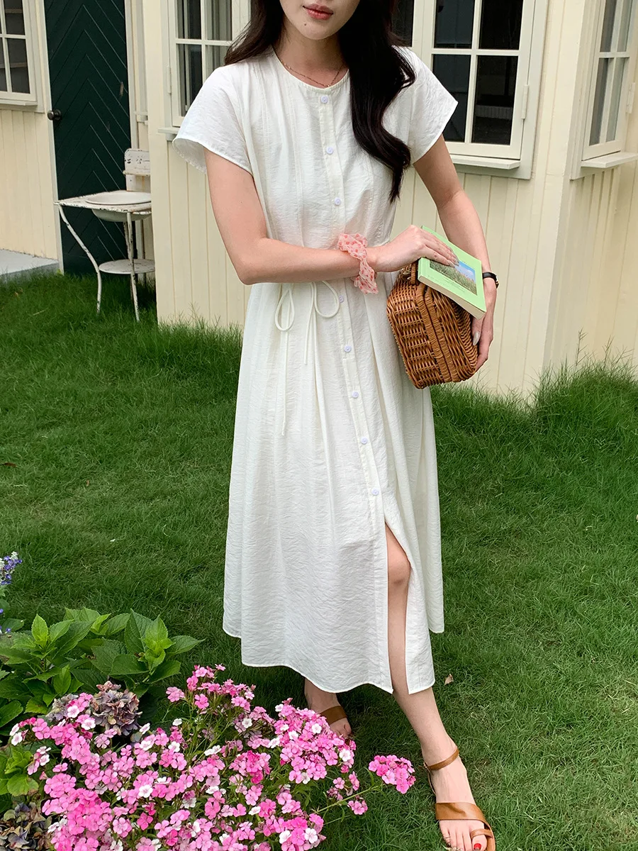 Spring and summer women's casual solid color round neck short sleeved slim fit dress 
Spring and summer women's casual solid color round neck short sleeved slim fit dress