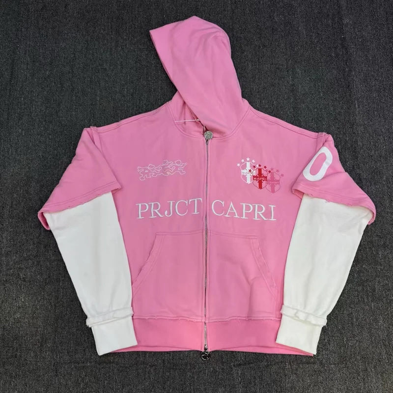 Fake Two Pieces Pink Project Capri Emergency Zipper Up Hoodie Splice Color Men Women Back Big Digit 10 Print Hooded Pullovers
Fake Two Pieces Pink Project Capri Emergency Zipper Up Hoodie Splice Color Men Women Back Big Digit 10 Print Hooded Pullovers