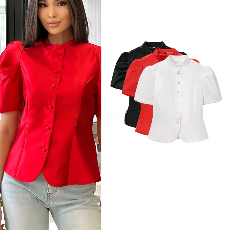 Slimming Short Women's Shirt Summer New Arrival Minimalist Style Single Button Stand Collar Bubble Sleeve Waist Cinched Top
Slimming Short Women's Shirt Summer New Arrival Minimalist Style Single Button Stand Collar Bubble Sleeve Waist Cinched Top