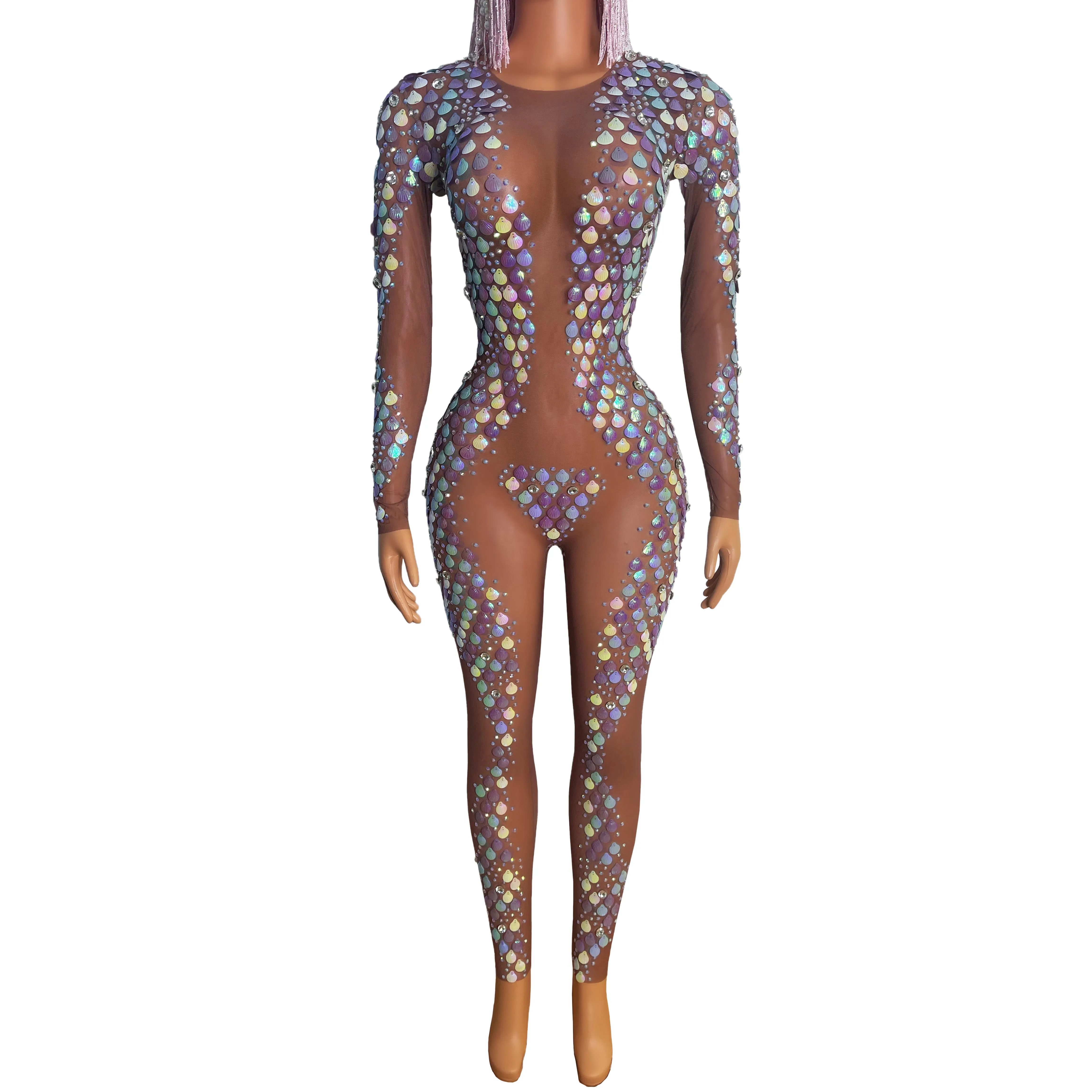 Shiny Colored Shell Rhinestones Jumpsuit Sexy Mesh Perspective Outfit Women Dj Ds Party Clothing Drag Queen Costume
Shiny Colored Shell Rhinestones Jumpsuit Sexy Mesh Perspective Outfit Women Dj Ds Party Clothing Drag Queen Costume