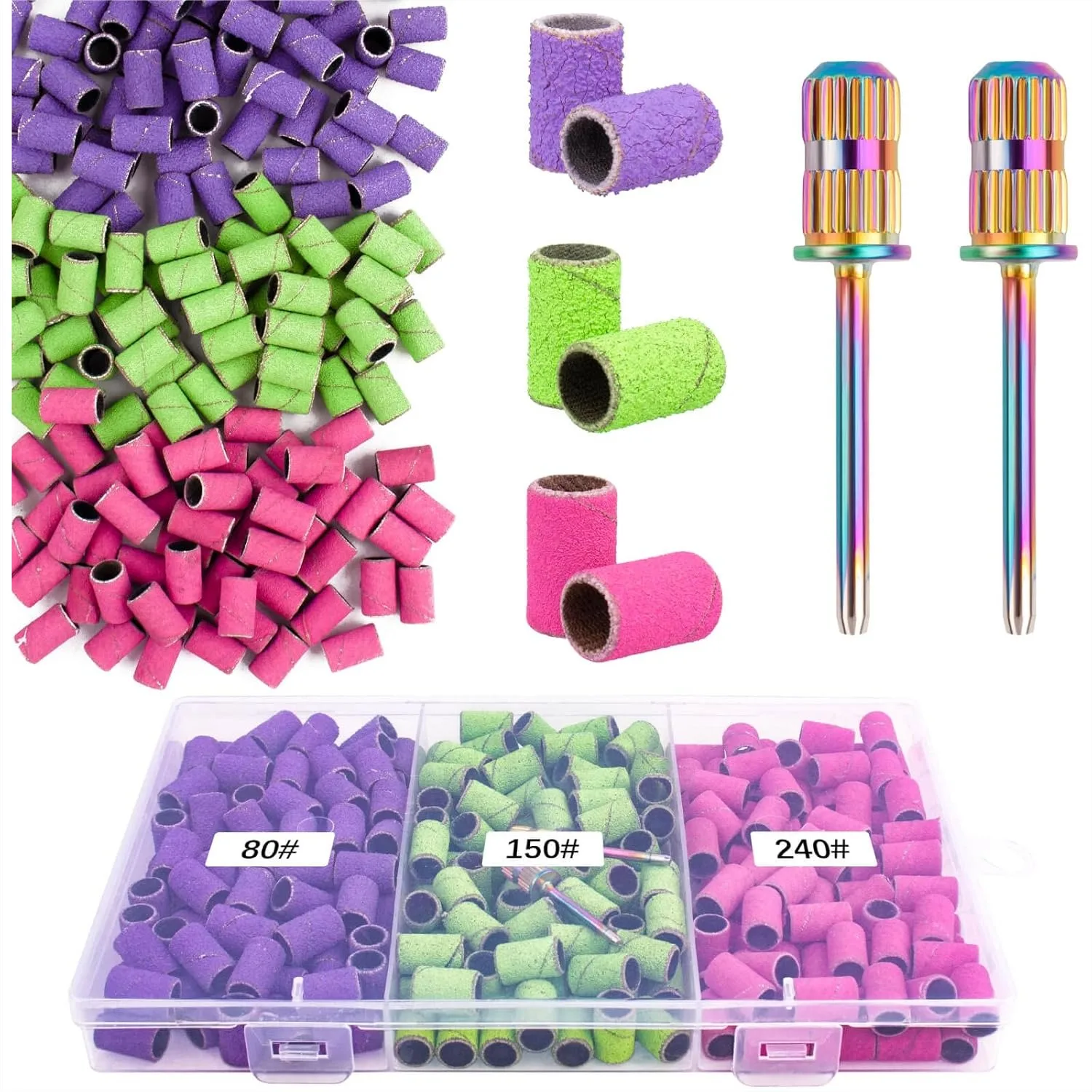 210Pcs Sanding Bands for Nail Drill, 3 Grits 80/150/240 with 2 Drill Bits and 3/32" Mandrel, Portable Storage Box Set
210Pcs Sanding Bands for Nail Drill, 3 Grits 80/150/240 with 2 Drill Bits and 3/32" Mandrel, Portable Storage Box Set