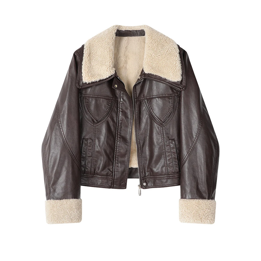 Women PU Leather Jacket Shearling Collar Faux Fur Lined Oversized Winter Short Coat Warm Outerwear
Women PU Leather Jacket Shearling Collar Faux Fur Lined Oversized Winter Short Coat Warm Outerwear