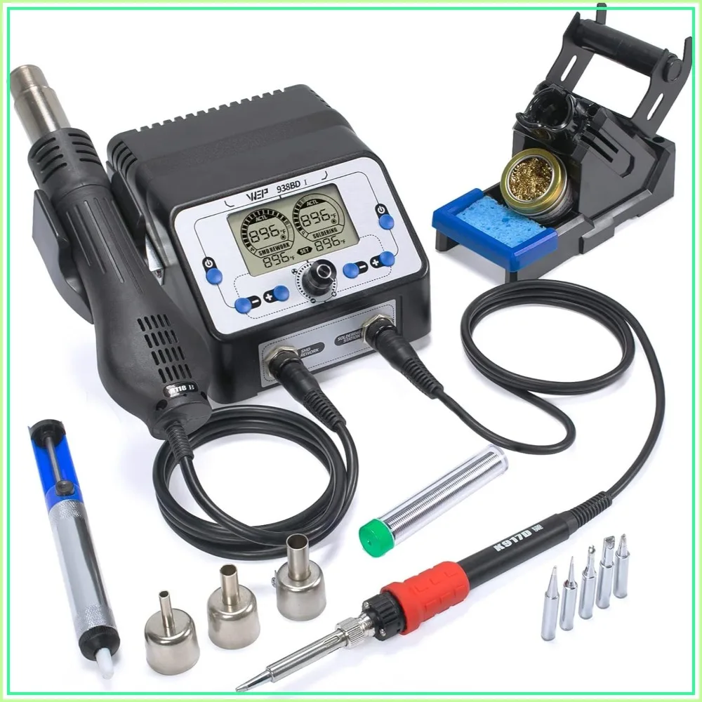2-IN-1 Soldering Iron Station & Hot Air Rework Station with LCD Display, PID Control, Sleep Mode, 3 Nozzles, 5 Tips, Solder Wire
2-IN-1 Soldering Iron Station & Hot Air Rework Station with LCD Display, PID Control, Sleep Mode, 3 Nozzles, 5 Tips, Solder Wire