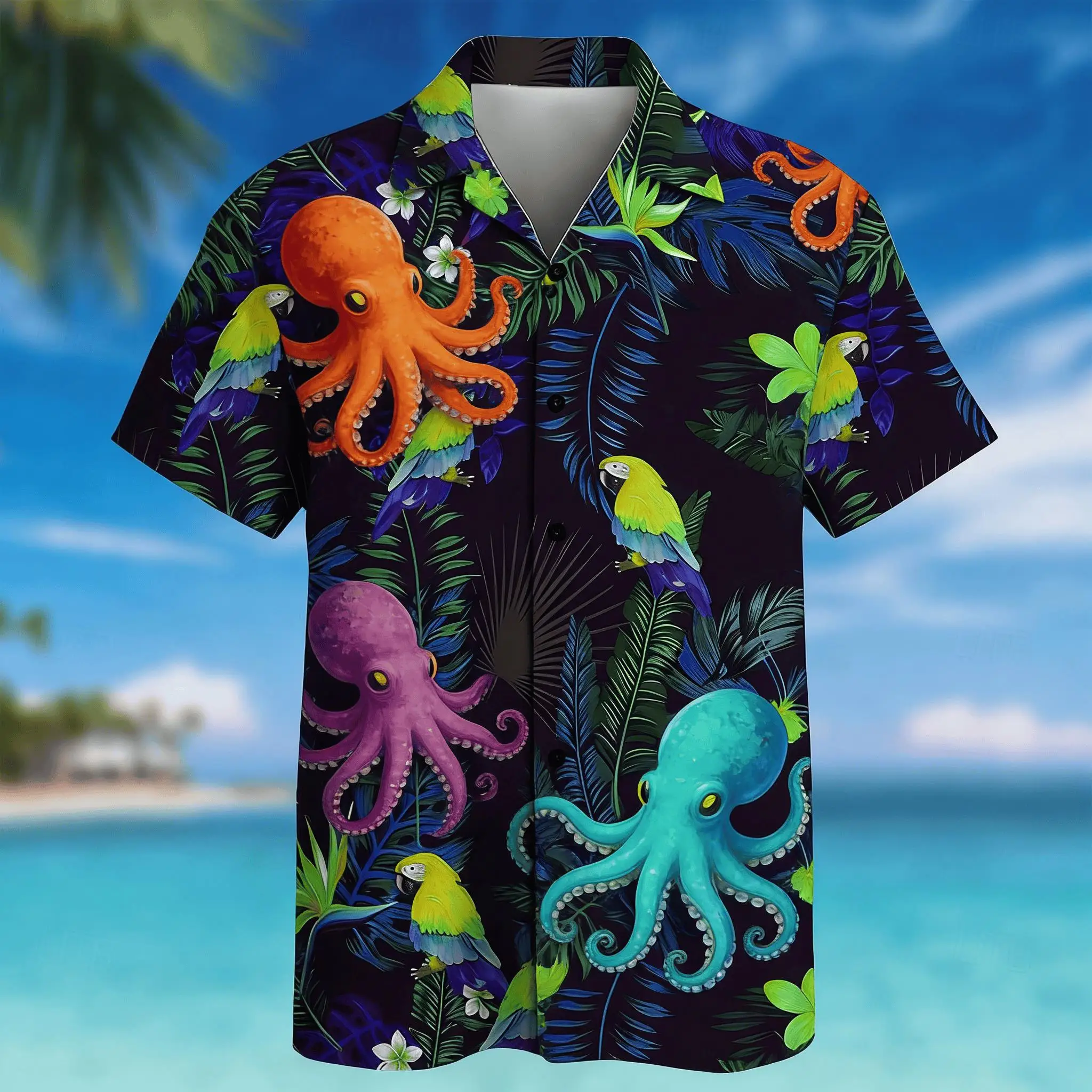 Men's Black Colorful Parrot Print Short Sleeve Shirt, Spring Summer Fantasy Tropical Vacation Casual Top, Pocket Lapel Style
Men's Black Colorful Parrot Print Short Sleeve Shirt, Spring Summer Fantasy Tropical Vacation Casual Top, Pocket Lapel Style