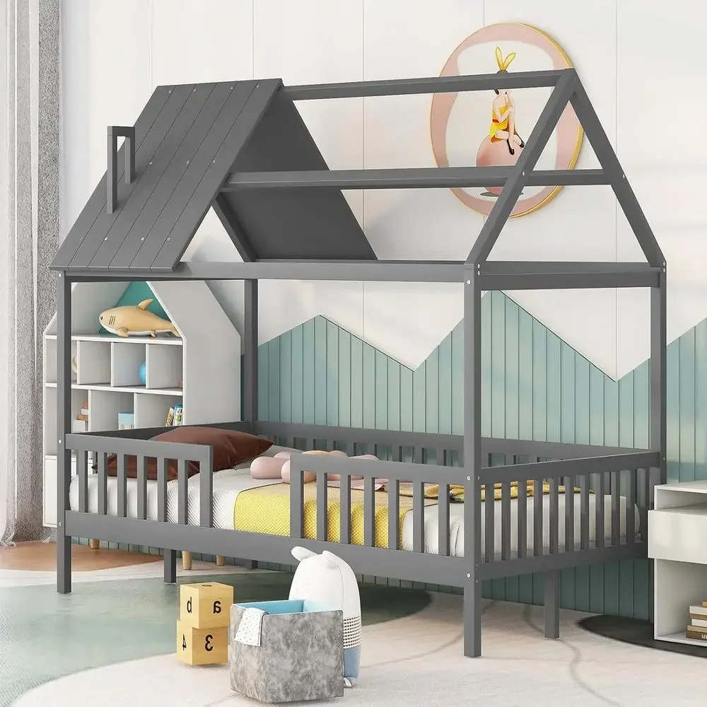 Cabin-Style Playhouse Bed with Rails, Twin Size, Gray for Kids and Teens
Cabin-Style Playhouse Bed with Rails, Twin Size, Gray for Kids and Teens