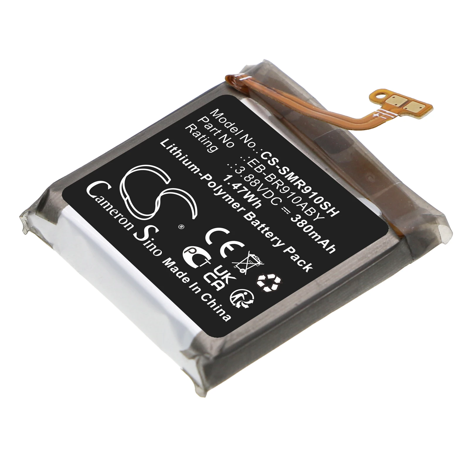 Li-Polymer Smartwatch Battery for Samsung, 3.88V, 380mAh , Compatible Models: SM-R910, SM-R915, SM-R915U, Watch 5 44mm 
Li-Polymer Smartwatch Battery for Samsung, 3.88V, 380mAh , Compatible Models: SM-R910, SM-R915, SM-R915U, Watch 5 44mm